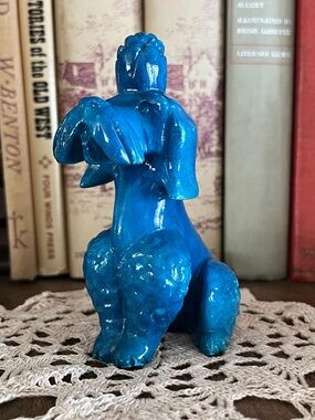 Unique and Adorable Cerulean Blue Slag Glass Poodle Dog Figurine, kitschy
